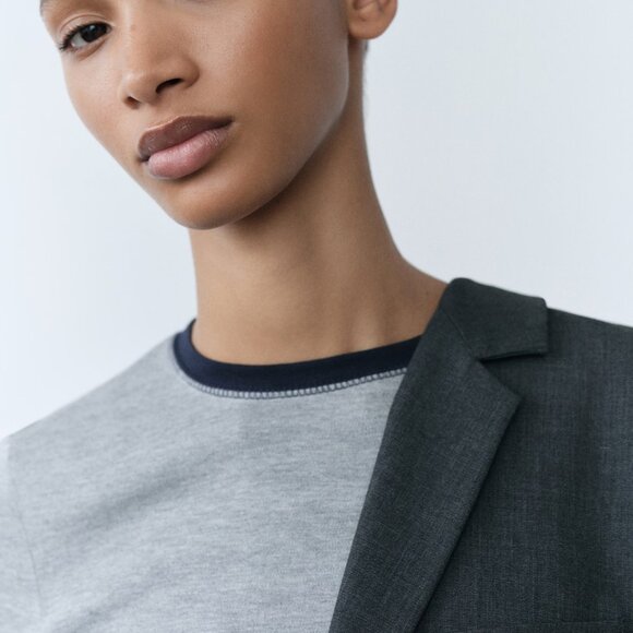 Mango Cotton long sleeve t-shirt cropped top contrasting panels S gray dark navy - Picture 4 of 7